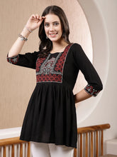 Women's Black Solid & Embroidered Rayon Peplum Top-TOPBLACKTIMMI